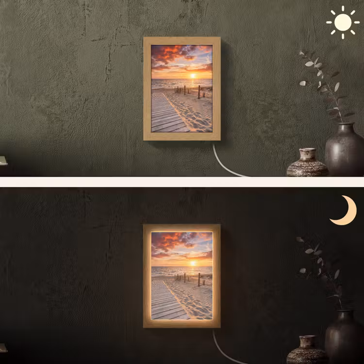 Strand - Zonsondergang - Zee - Natuur - Oranje Light Box met kabel (Wandlamp) klein -sfeer3