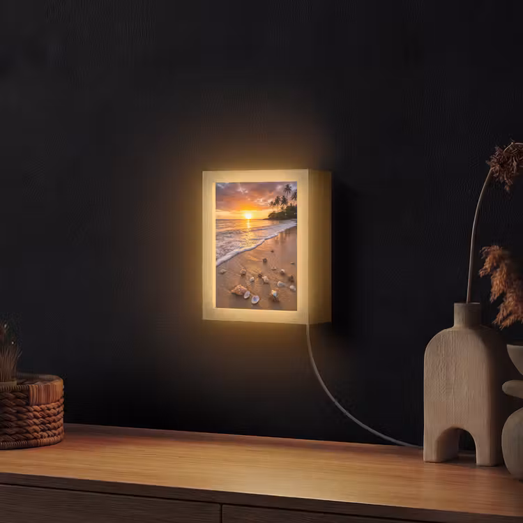 Strand - Zonsondergang - Palmbomen - Natuur - Oranje Light Box met kabel (Wandlamp) klein -sfeer1
