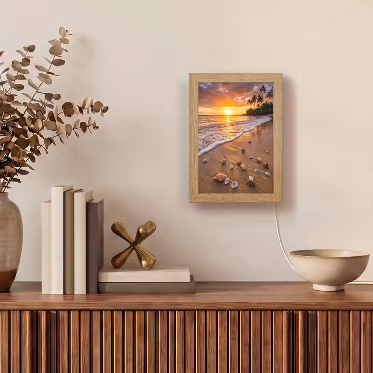 Strand - Zonsondergang - Palmbomen - Natuur - Oranje Light Box met kabel (Wandlamp) klein -sfeer2