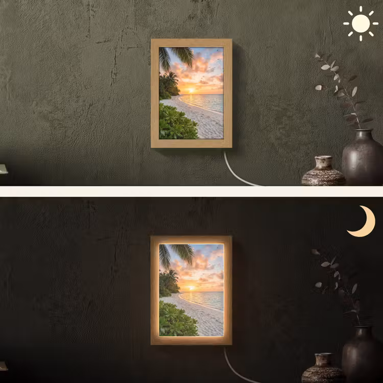 Strand - Zonsondergang - Palmbomen - Tropisch - Natuur Light Box met kabel (Wandlamp) klein -sfeer3