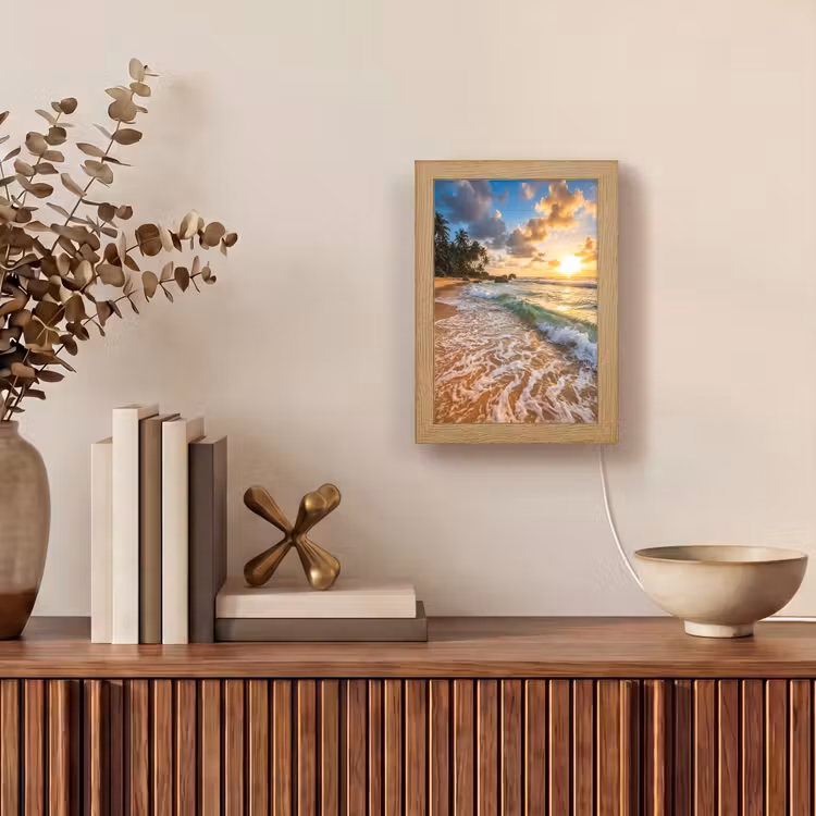 Strand - Zonsondergang - Golven - Natuur - Goud Light Box met kabel (Wandlamp) klein -sfeer2
