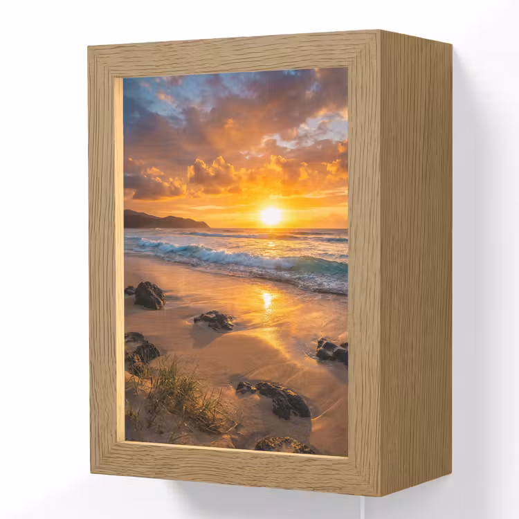 Strand - Zonsondergang - Golven - Natuur - Oranje Light Box met kabel (Wandlamp) klein -3d