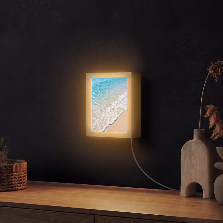 Strand - Water - Natuur - Blauw - Beige Light Box met kabel (Wandlamp) klein -sfeer1