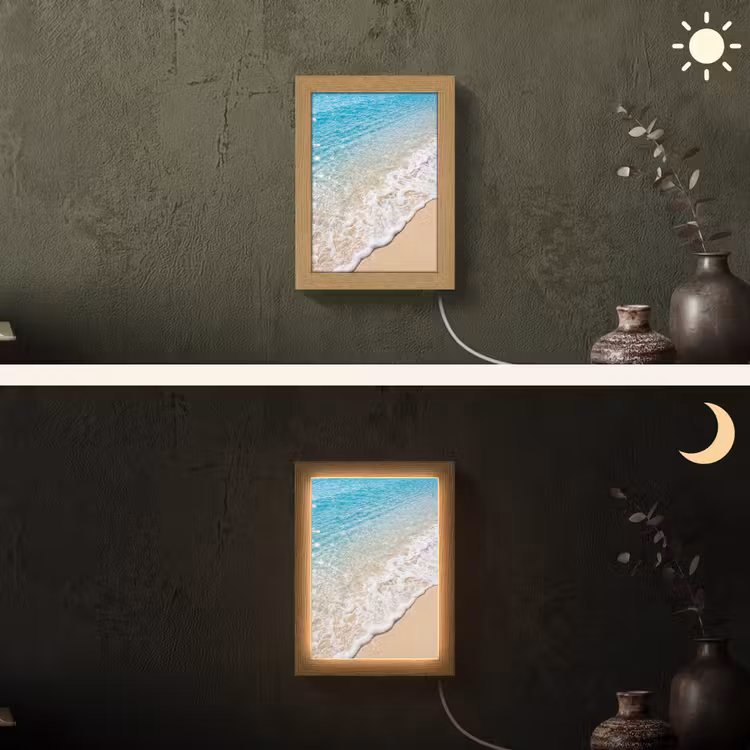 Strand - Water - Natuur - Blauw - Beige Light Box met kabel (Wandlamp) klein -sfeer3