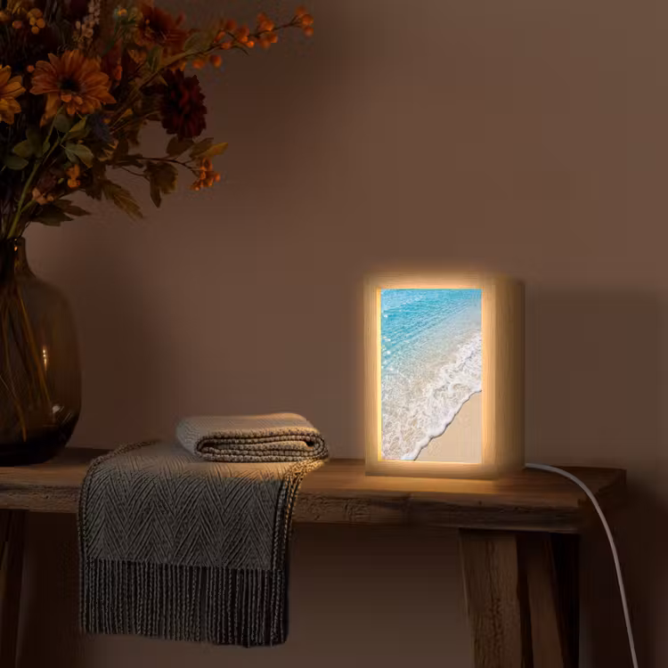 Strand - Water - Natuur - Blauw - Beige Light Box met kabel (Wandlamp) klein -sfeer4