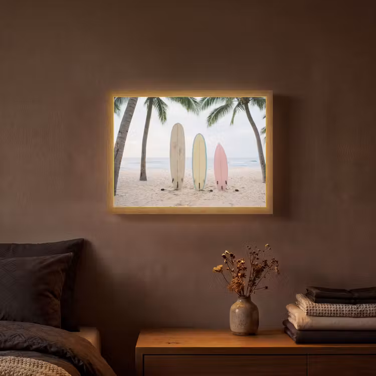 Surfboard - Palmbomen - Kleurrijk Light Box met batterij (Wandlamp) middel -sfeer4