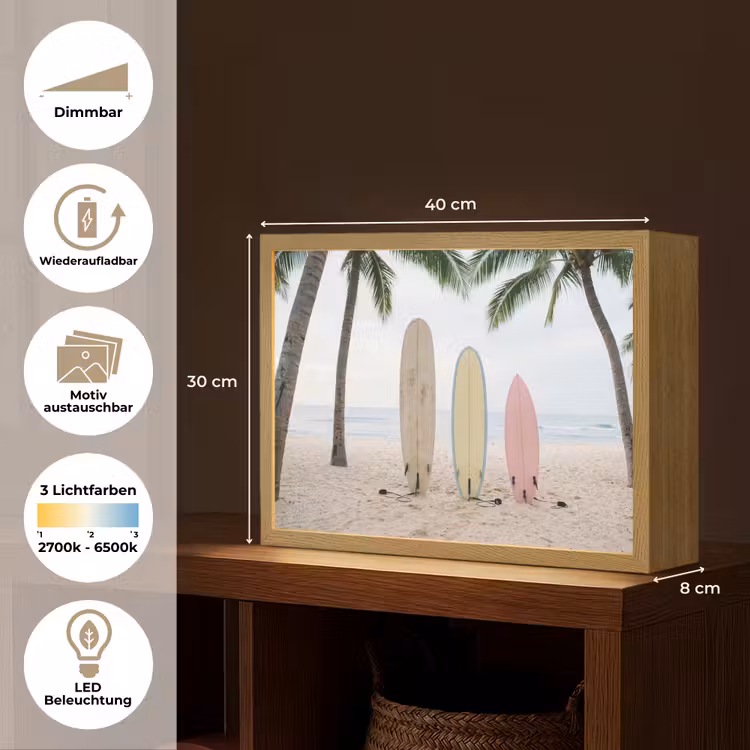 Surfboard - Palmbomen - Kleurrijk Light Box met batterij (Wandlamp) middel -USP_websiteoverzichtDE