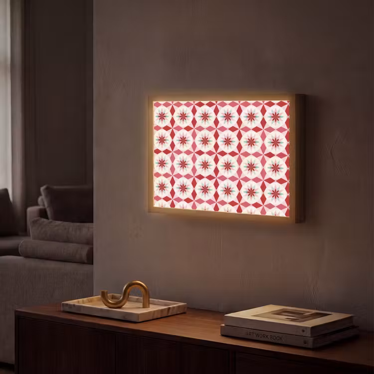 Tegelpatroon - Sterren - Retro - Roze - Mintgroen Light Box met batterij (Wandlamp) middel 907 -sfeer1