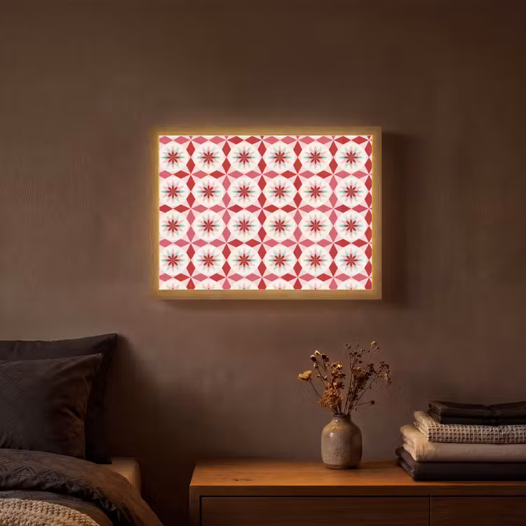 Tegelpatroon - Sterren - Retro - Roze - Mintgroen Light Box met batterij (Wandlamp) middel 907 -sfeer4