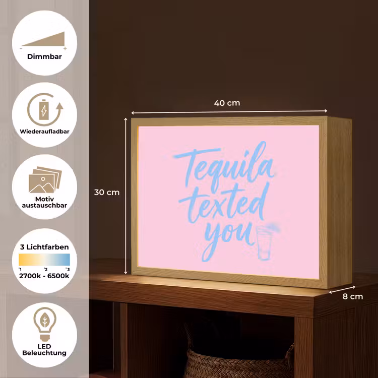 Tequila texted you - Roze - Blauw Light Box met batterij (Wandlamp) middel -USP_websiteoverzichtDE