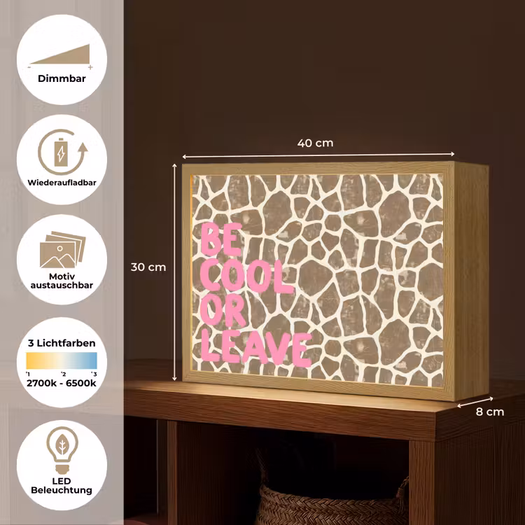 Tekst - Be cool or leave - Roze - Giraffenprint Light Box met batterij (Wandlamp) middel -USP_websiteoverzichtDE