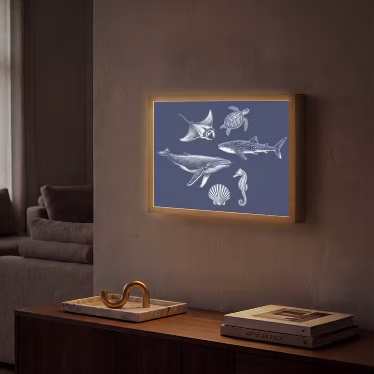 Dieren - Zeeleven - Oceaan - Graveren - Blauw Light Box met batterij (Wandlamp) middel -sfeer1