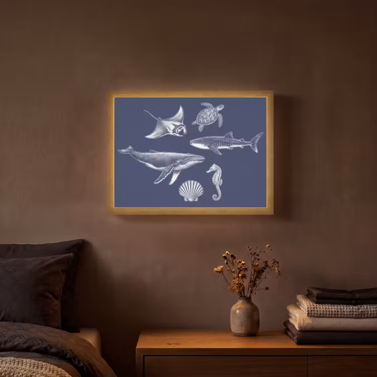Dieren - Zeeleven - Oceaan - Graveren - Blauw Light Box met batterij (Wandlamp) middel -sfeer4