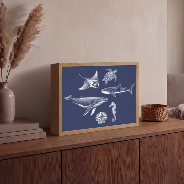 Dieren - Zeeleven - Oceaan - Graveren - Blauw Light Box met batterij (Wandlamp) middel -sfeer2