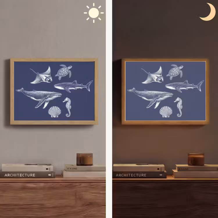 Dieren - Zeeleven - Oceaan - Graveren - Blauw Light Box met batterij (Wandlamp) middel -sfeer3