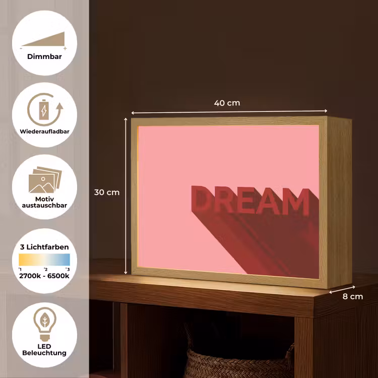 Dream - 3D - Rood - Roze Light Box met batterij (Wandlamp) middel -USP_websiteoverzichtDE