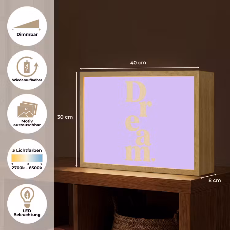 Dream - Paars - Typografisch Light Box met batterij (Wandlamp) middel -USP_websiteoverzichtDE