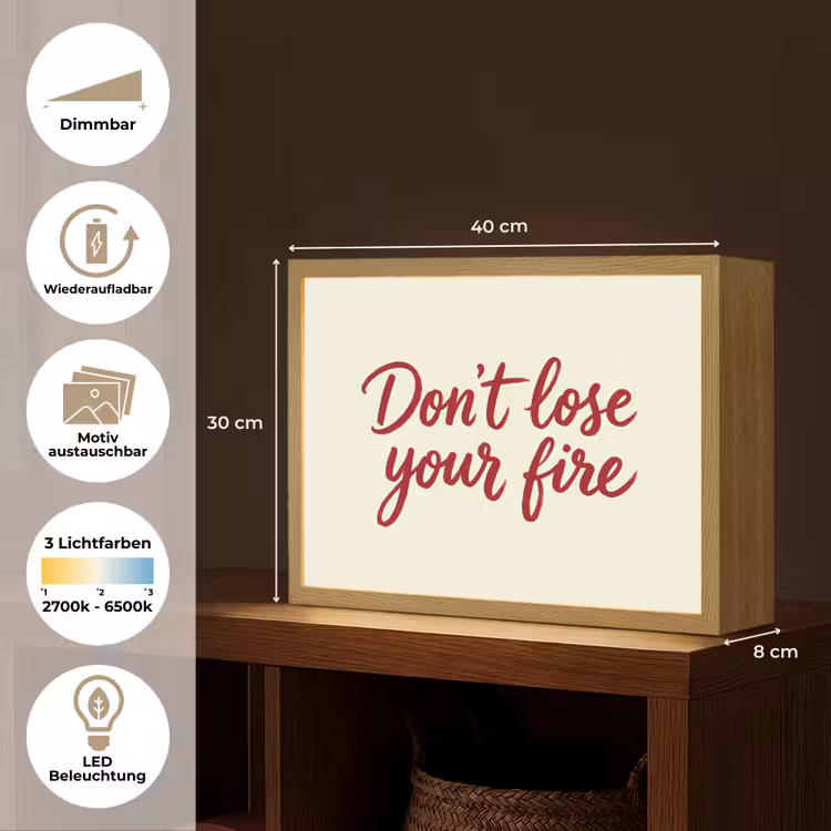 Don't lose your fire - Rood - Wit - Minimalistisch Light Box met batterij (Wandlamp) middel -USP_websiteoverzichtDE