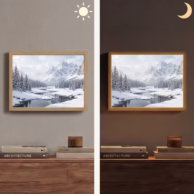 Sneeuwlandschap - Bergen - Rivier - Winter Light Box met batterij (Wandlamp) middel -sfeer3