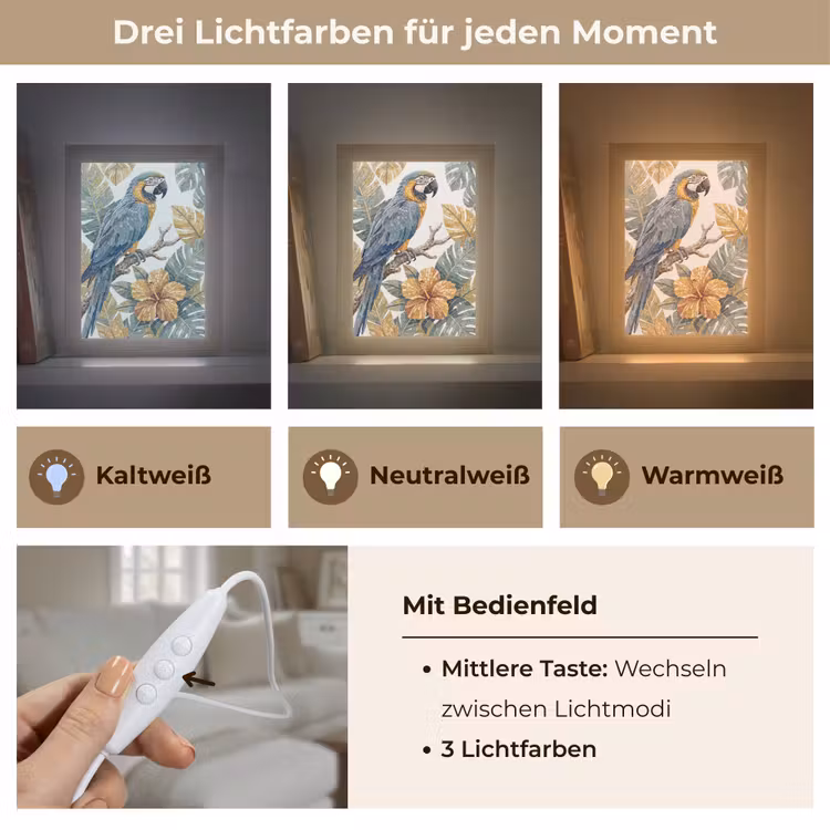 Vogel - Tak - Natuur - Mozaïek - Blauw Light Box met kabel (Wandlamp) klein -USP_lichtkleurDE
