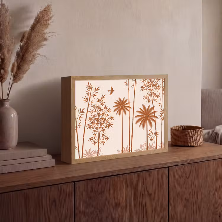 Vogel - Boom - Tropisch - Minimalistisch - Bruin Light Box met batterij (Wandlamp) middel -sfeer2