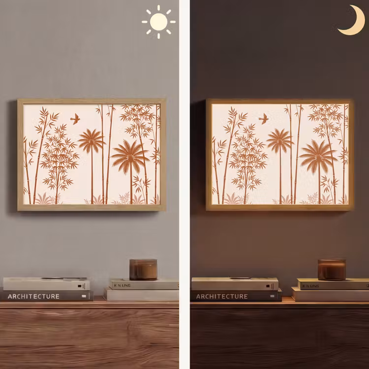 Vogel - Boom - Tropisch - Minimalistisch - Bruin Light Box met batterij (Wandlamp) middel -sfeer3