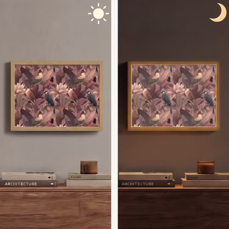 Vogels - Bladeren - Roze Light Box met batterij (Wandlamp) middel 907 -sfeer3