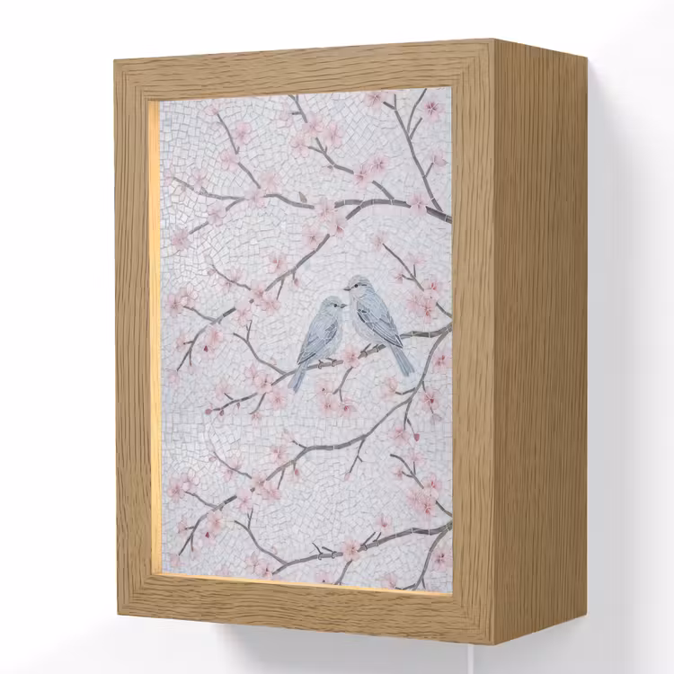 Vogel - Bloemen - Natuur - Mozaïek - Roze Light Box met kabel (Wandlamp) klein -3d