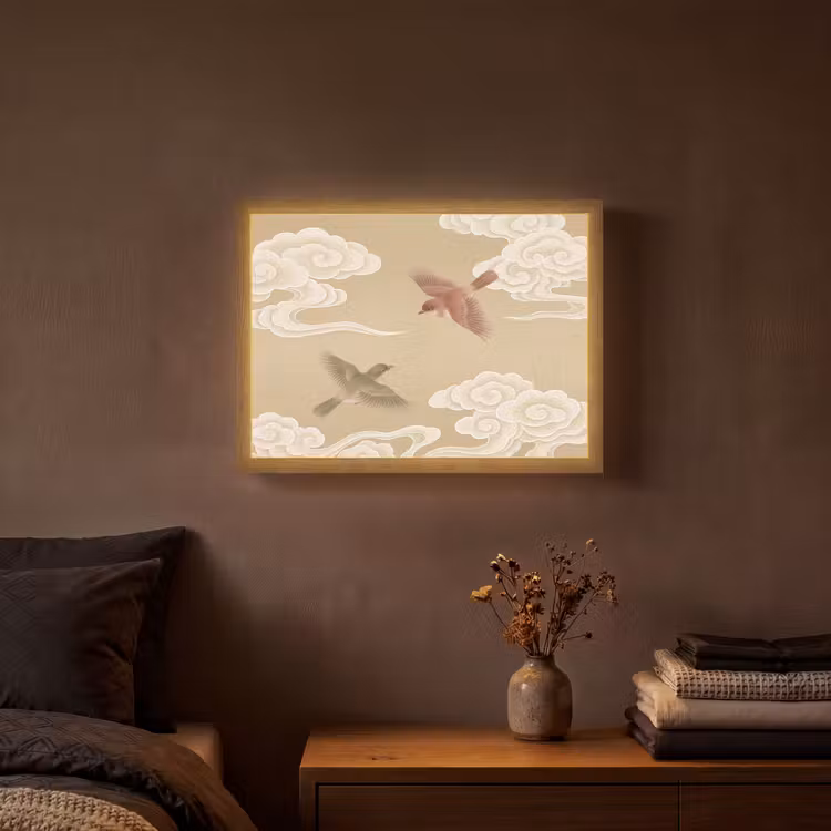 Vogels - Vliegen - Beige Light Box met batterij (Wandlamp) middel -sfeer4