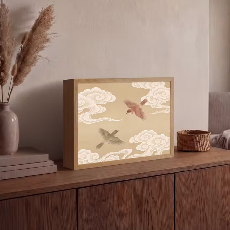 Vogels - Vliegen - Beige Light Box met batterij (Wandlamp) middel -sfeer2