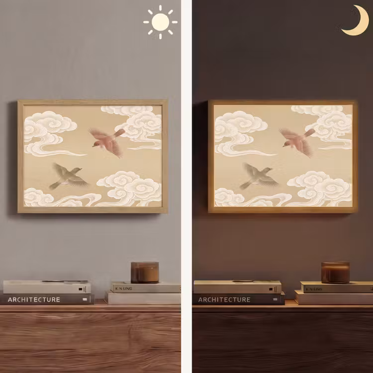 Vogels - Vliegen - Beige Light Box met batterij (Wandlamp) middel -sfeer3