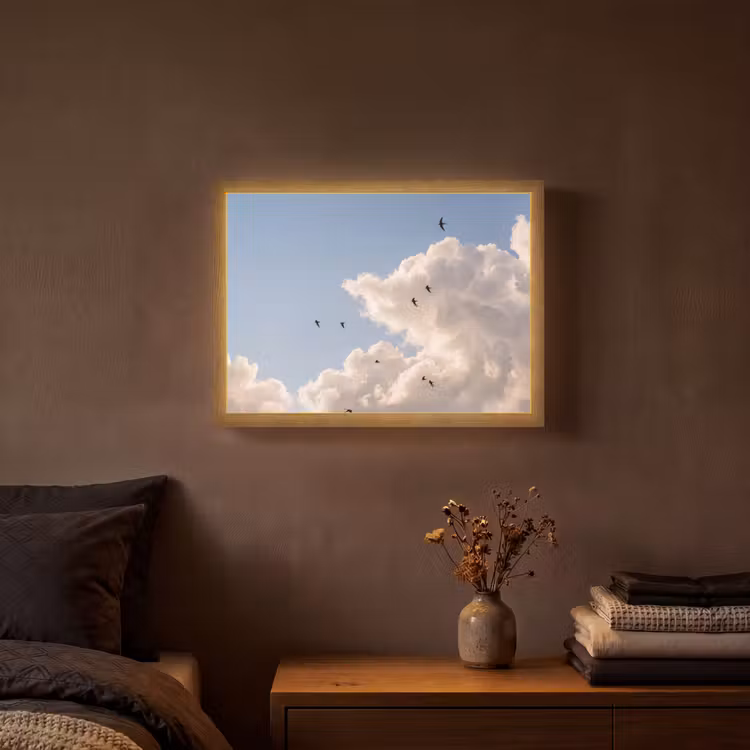 Vogel - Vlucht - Wolken - Natuur - Blauw Light Box met batterij (Wandlamp) middel -sfeer4