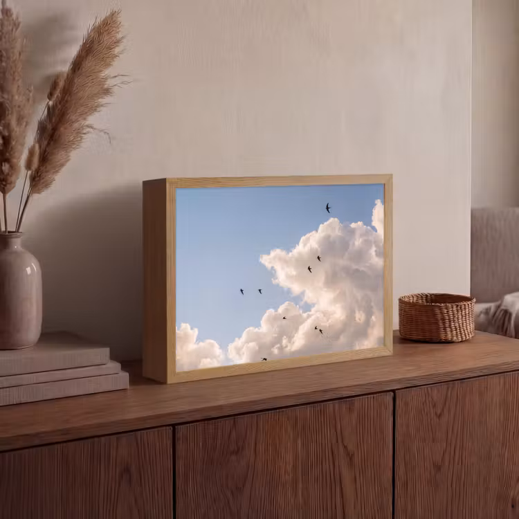 Vogel - Vlucht - Wolken - Natuur - Blauw Light Box met batterij (Wandlamp) middel -sfeer2