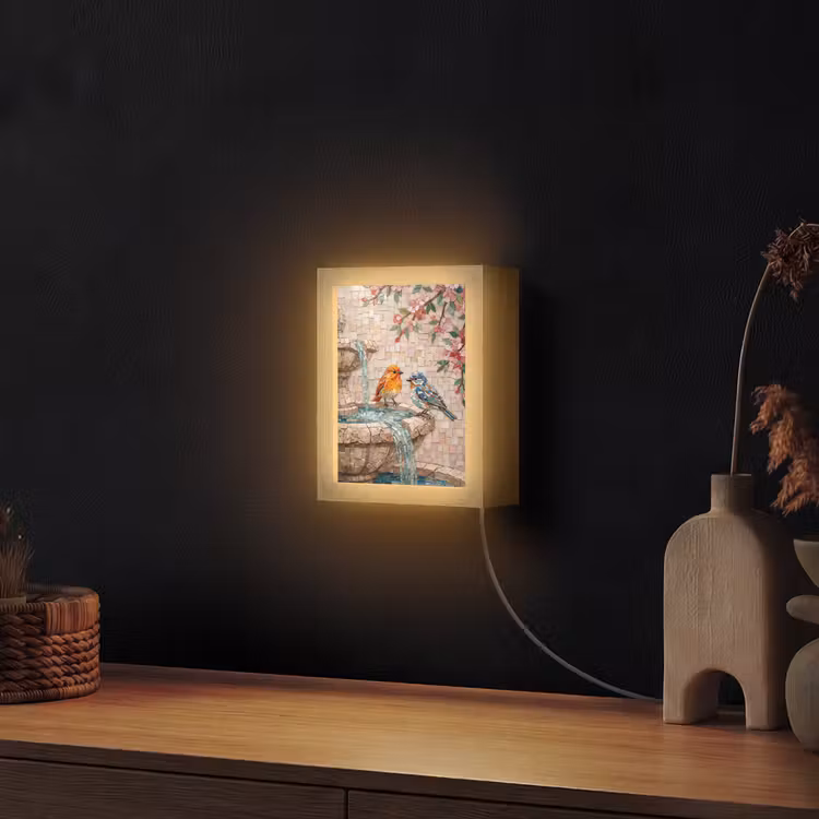 Vogel - fontein - mozaiek - kleurrijk - dieren Light Box met kabel (Wandlamp) klein -sfeer1