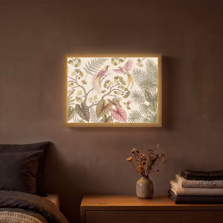 Vogels - Tropisch - Botanisch - Roze Light Box met batterij (Wandlamp) middel -sfeer4