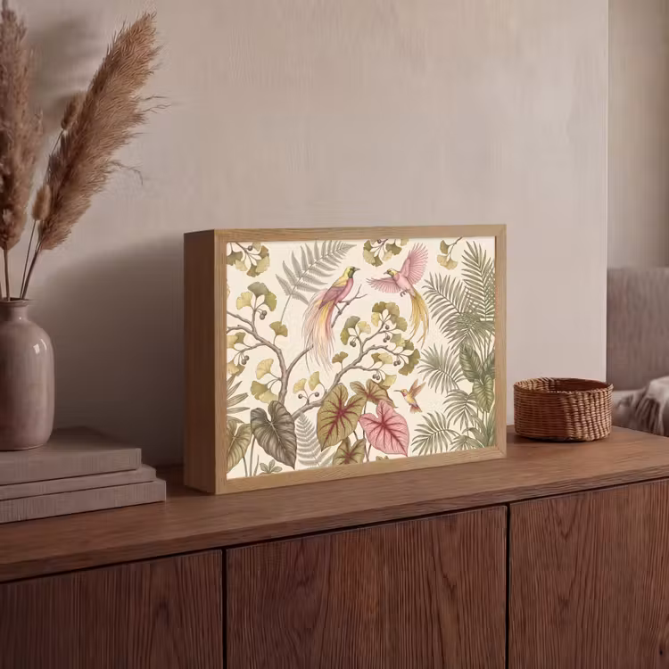 Vogels - Tropisch - Botanisch - Roze Light Box met batterij (Wandlamp) middel -sfeer2