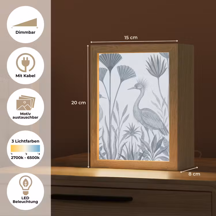 Vogel - Tropisch - Illustratie - Blauwgrijs - Natuur Light Box met kabel (Wandlamp) klein -USP_websiteoverzichtDE