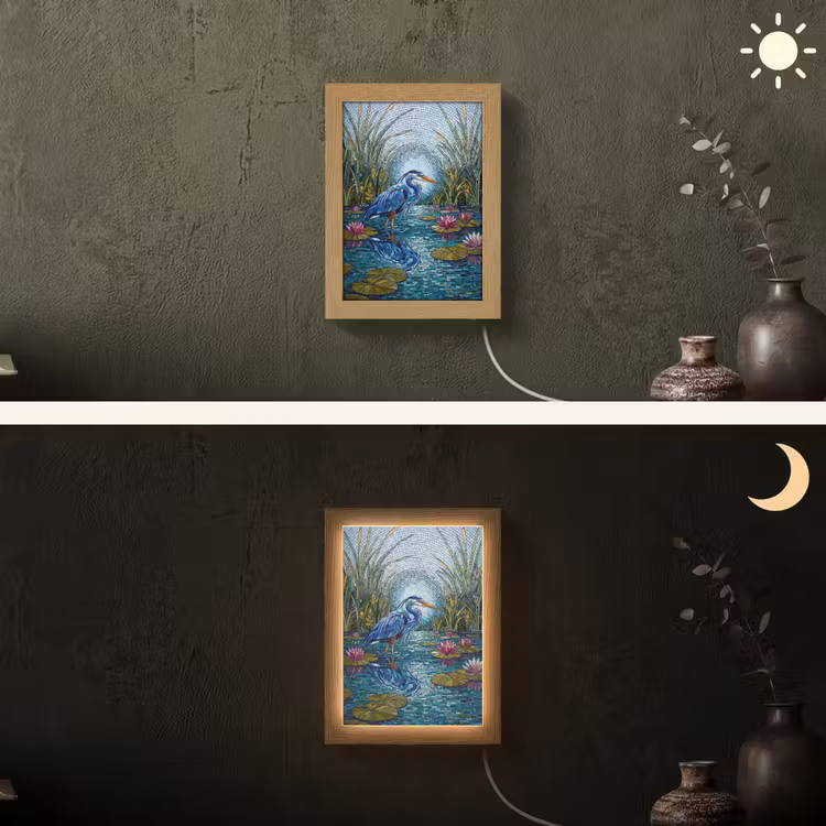 Vogel - Water - Natuur - Abstract - Blauw Light Box met kabel (Wandlamp) klein -sfeer3