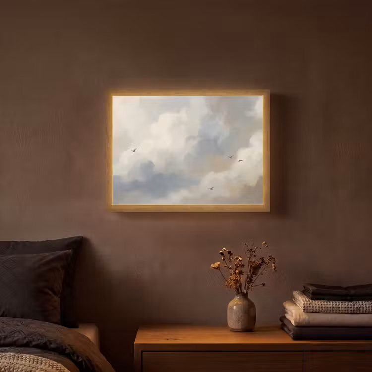Vogel - Wolken - Natuur - Modern - Grijs Light Box met batterij (Wandlamp) middel -sfeer4