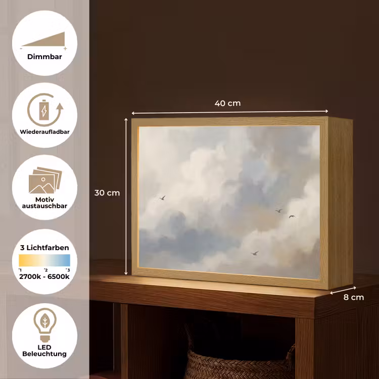 Vogel - Wolken - Natuur - Modern - Grijs Light Box met batterij (Wandlamp) middel -USP_websiteoverzichtDE