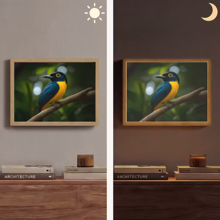 Vogel - Tak - Geel - Bladeren Light Box met batterij (Wandlamp) middel -sfeer3