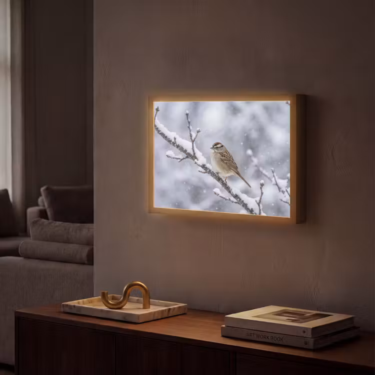Vogel - Tak - Sneeuw - Winter Light Box met batterij (Wandlamp) middel -sfeer1