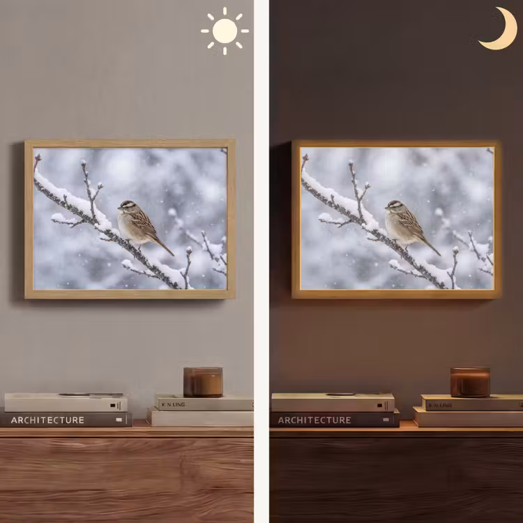 Vogel - Tak - Sneeuw - Winter Light Box met batterij (Wandlamp) middel -sfeer3