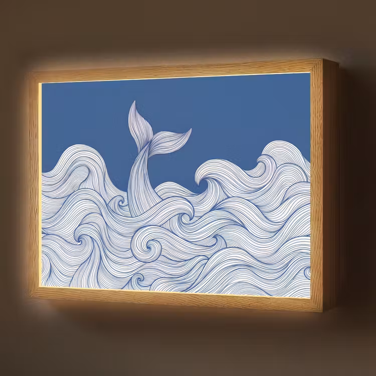 Walvis - Staart - Golven - Lijntekening - Blauw Light Box met batterij (Wandlamp) middel -z3d_website
