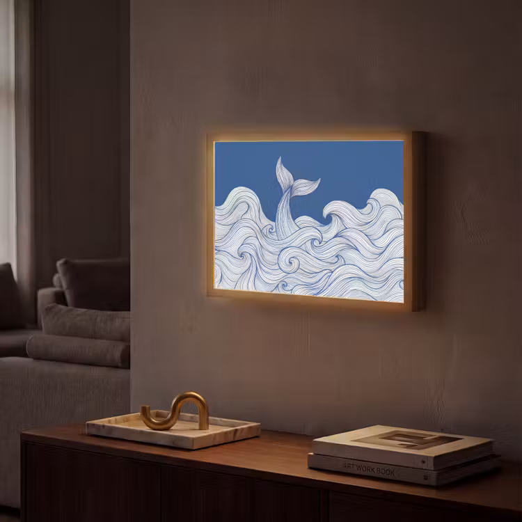 Walvis - Staart - Golven - Lijntekening - Blauw Light Box met batterij (Wandlamp) middel -sfeer1