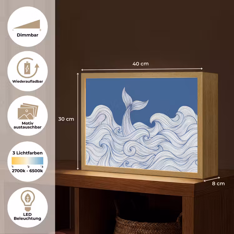 Walvis - Staart - Golven - Lijntekening - Blauw Light Box met batterij (Wandlamp) middel -USP_websiteoverzichtDE