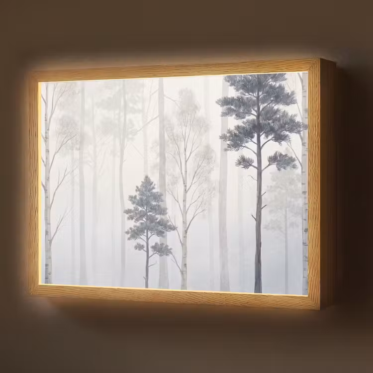 Bos - Bomen - Mist - Natuur - Illustratie - Grijs Light Box met batterij (Wandlamp) middel -z3d_website