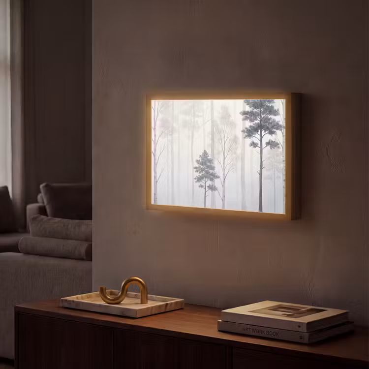 Bos - Bomen - Mist - Natuur - Illustratie - Grijs Light Box met batterij (Wandlamp) middel -sfeer1