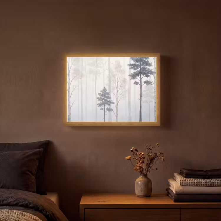 Bos - Bomen - Mist - Natuur - Illustratie - Grijs Light Box met batterij (Wandlamp) middel -sfeer4
