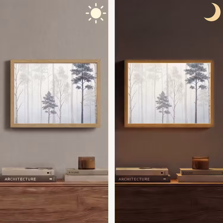 Bos - Bomen - Mist - Natuur - Illustratie - Grijs Light Box met batterij (Wandlamp) middel -sfeer3
